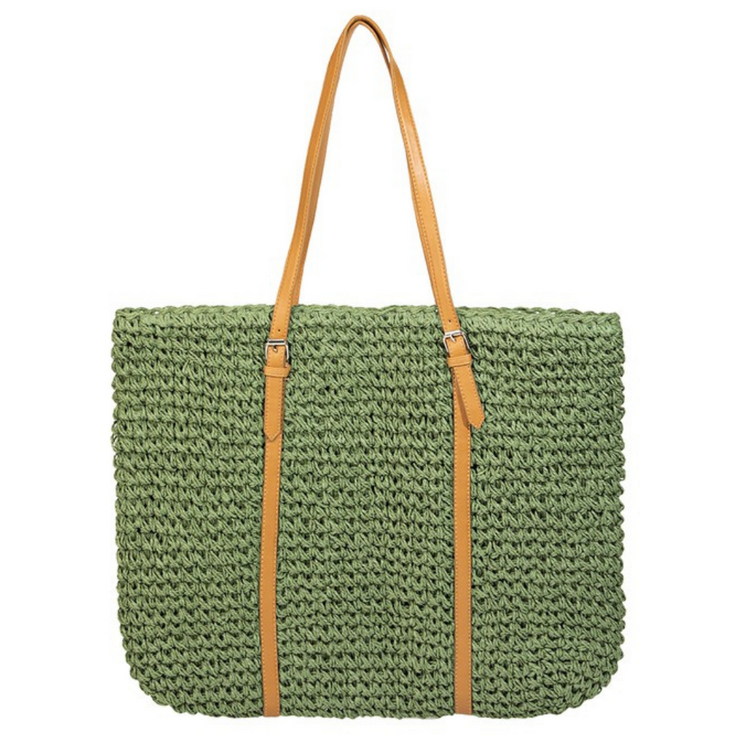 Straw Braided Tote Bag With Leather Strap