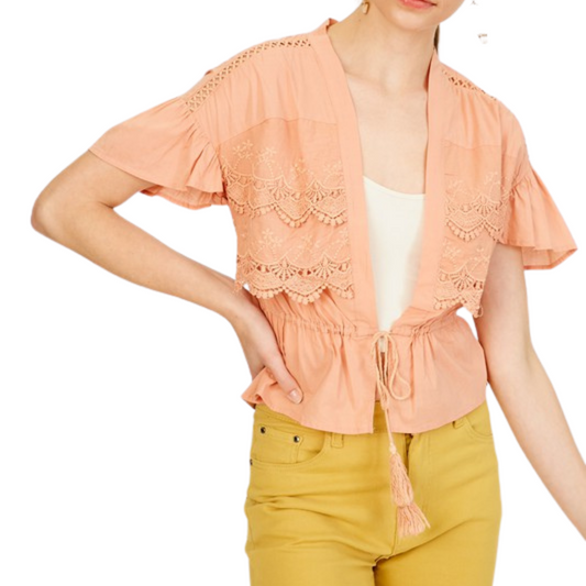 Coral Blush Plunge Neck Top With Scallop Trim.