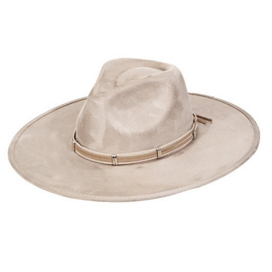 Ivory Taupe Wide Brim Fedora With Faux Leather Trim