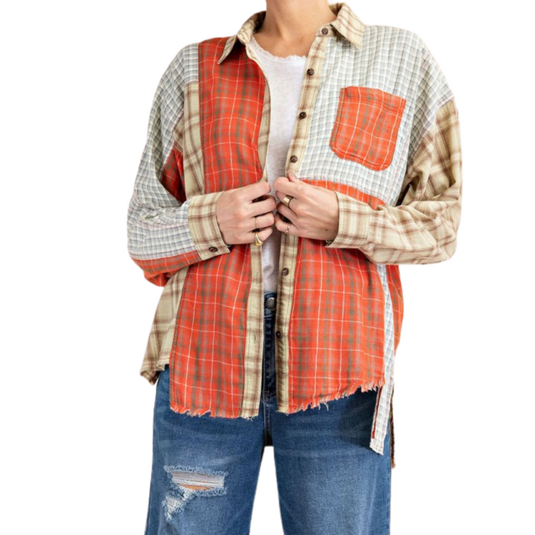 Coral Red Blue Sage Plaid Long Sleeve Patchwork Flannel