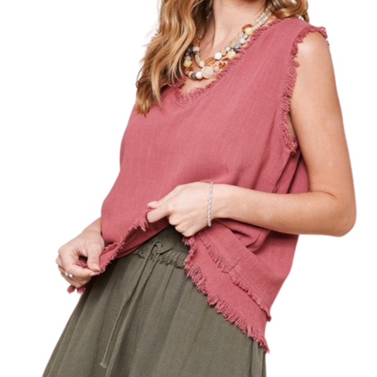 Sleeveless Gauze Top With Cut Edge Details (Berry)