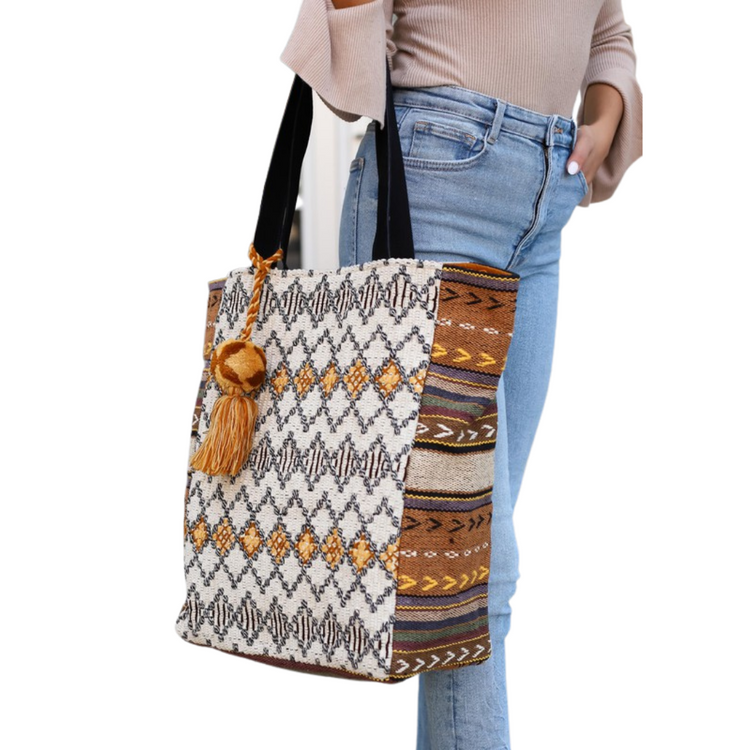 Boho Pattern Tote With Pom Tassel