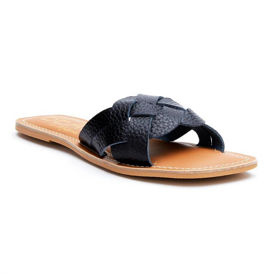 Black Woven One-Band Style Tumbled Leather Sandal