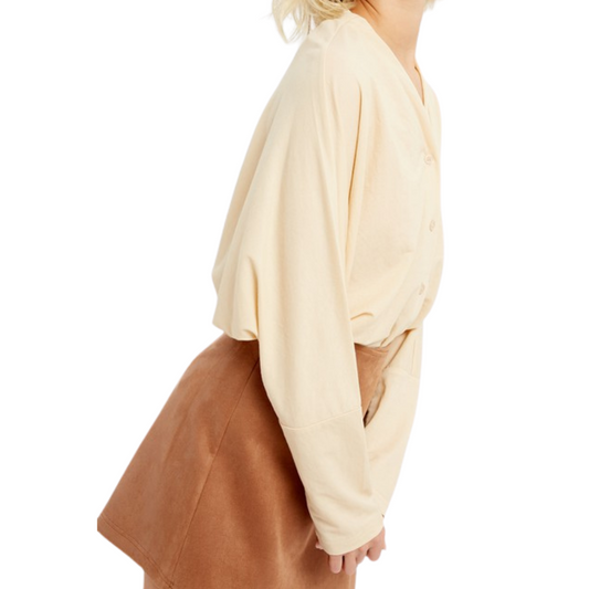 Ivory Champagne Textured Long Sleeve Button Down Dolman Top