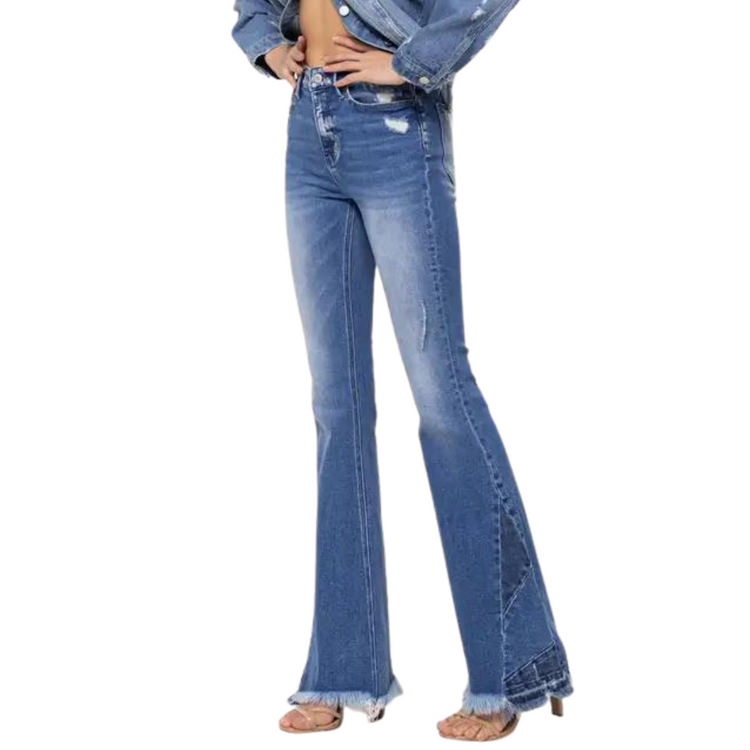 High Rise Denim Flare Bell Bottoms With Panel Hem Detail