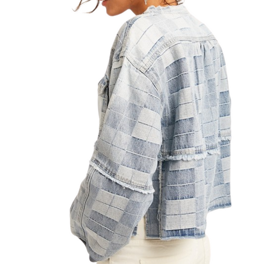 Textured Plaid Denim Henley Top