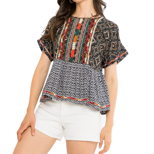 Mixed Print Embroidered Top