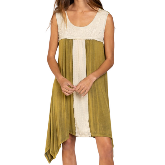 Mixed Fabric Dress With Asymmetric Distressed Hem