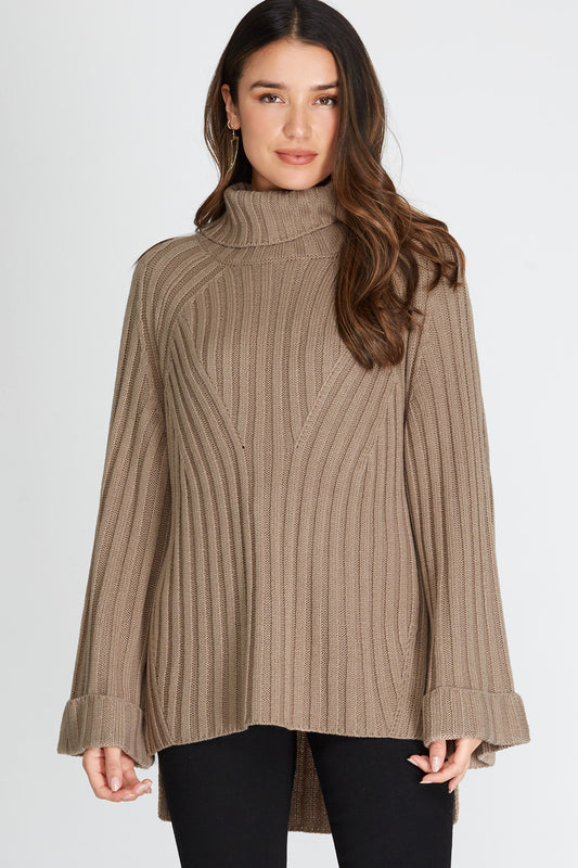 Long Wide Cuffed Sleeve Turtle Neck Knit Sweater Top