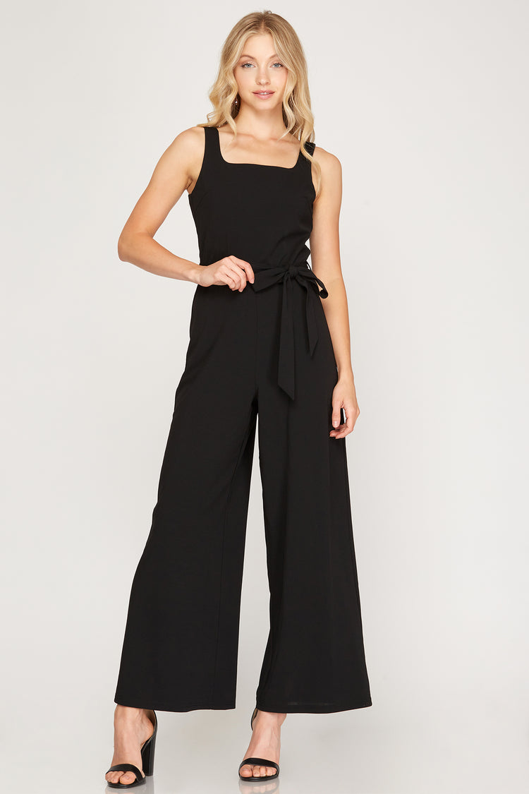 Sleeveless Square Neck Heavy Knit Jumpsuit With Sash