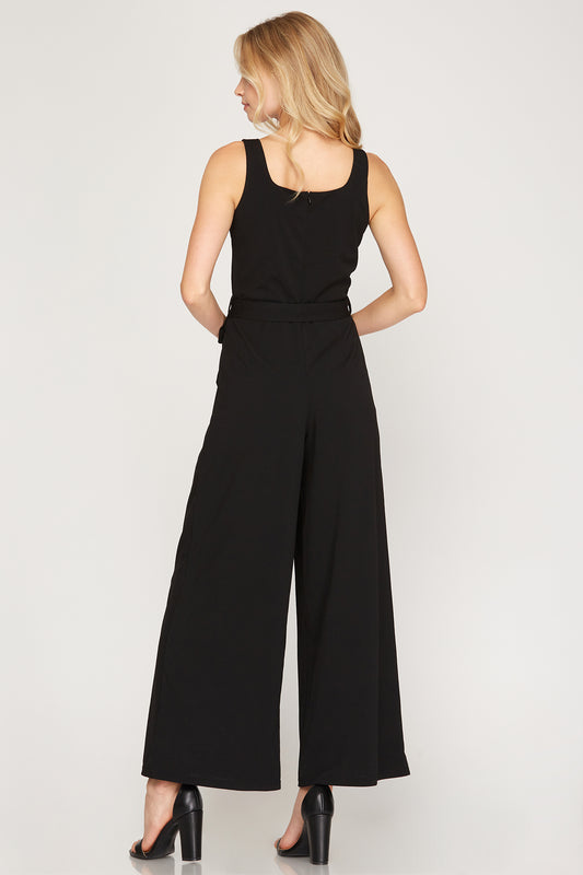 Sleeveless Square Neck Heavy Knit Jumpsuit With Sash