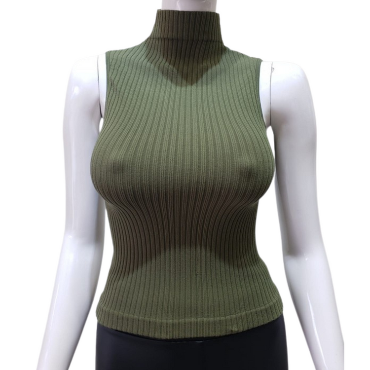 Rib-knit Sleeveless Mock Neck