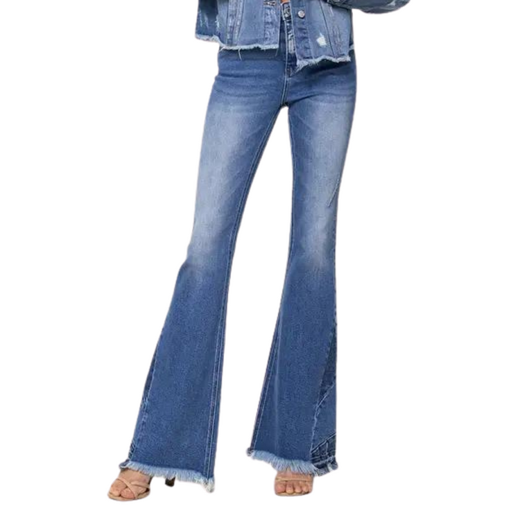 High Rise Denim Flare Bell Bottoms With Panel Hem Detail