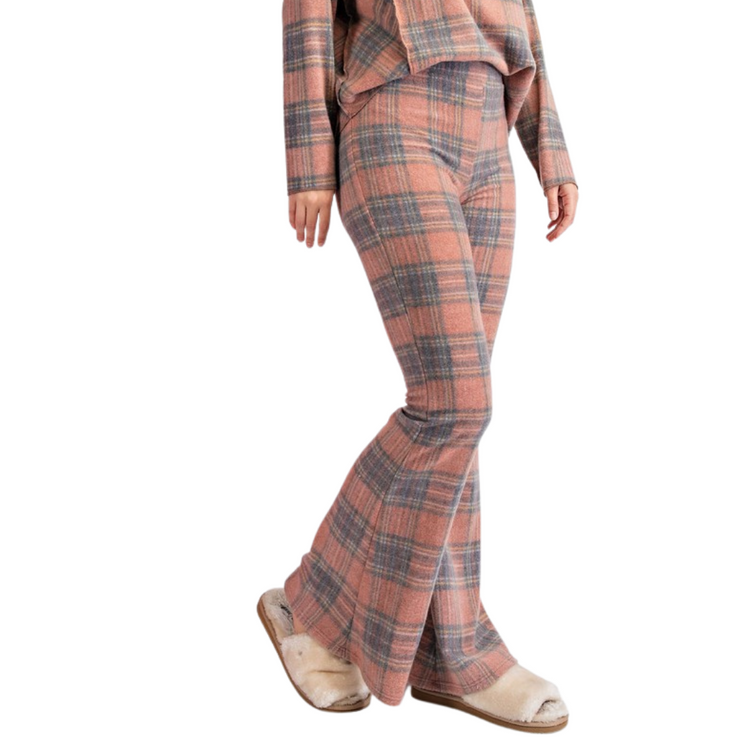 Soft Brushed Knitted Plaid Flare Pant