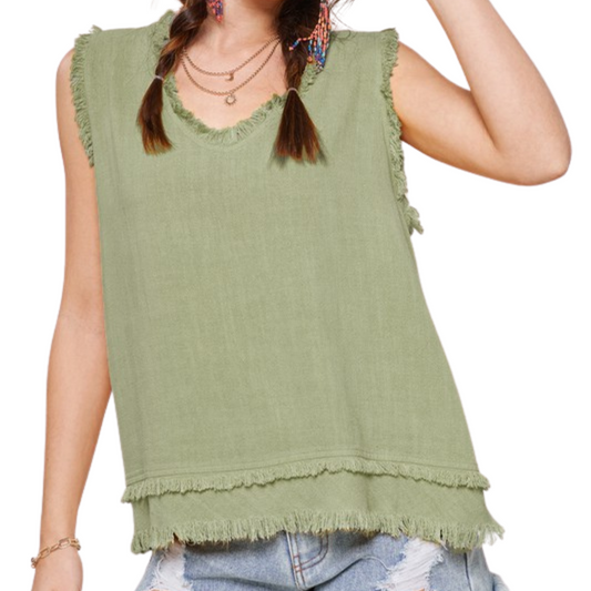 Sleeveless Gauze Top With Cut Edge Details (Sage)