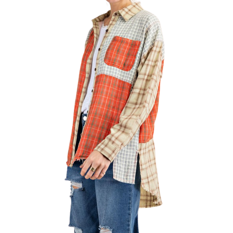 Coral Red Blue Sage Plaid Long Sleeve Patchwork Flannel