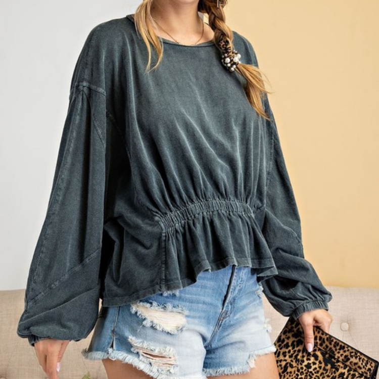 Grey Smoke Mineral Washed Cotton Dolman Sleeve Top