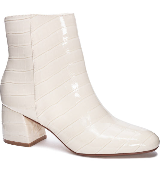 Patent Leather Croc Flare Block Heel Bootie