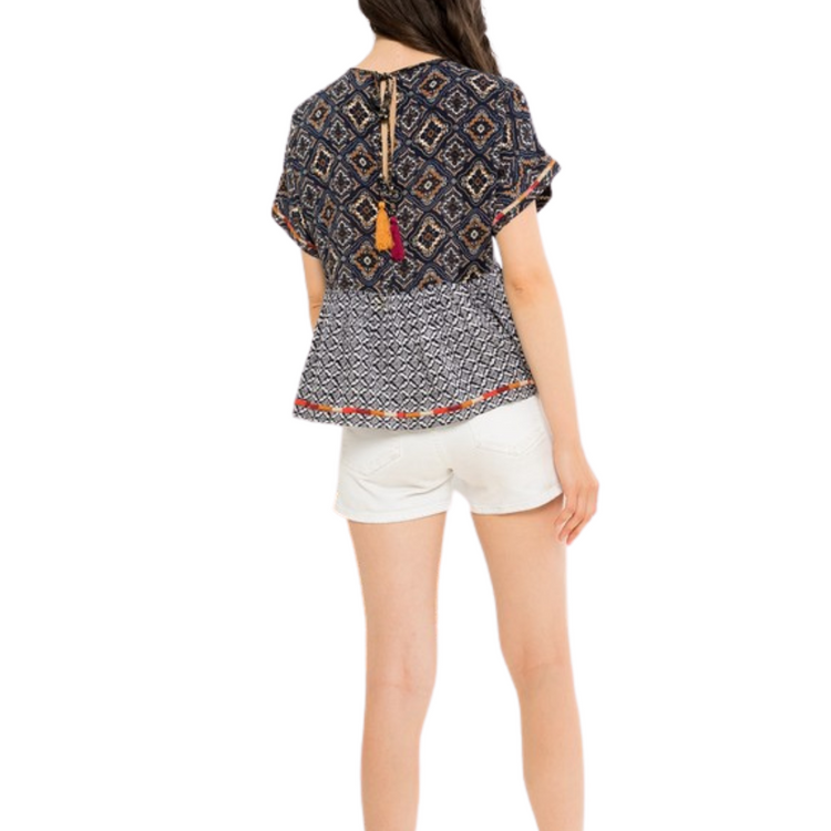 Mixed Print Embroidered Top