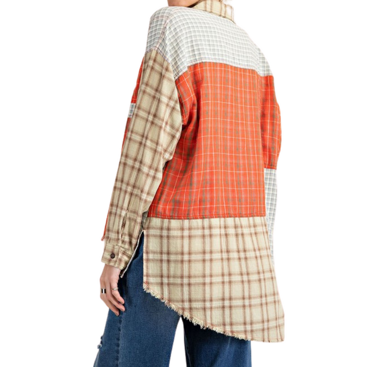 Coral Red Blue Sage Plaid Long Sleeve Patchwork Flannel