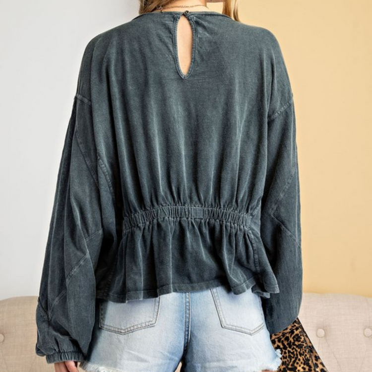 Grey Smoke Mineral Washed Cotton Dolman Sleeve Top