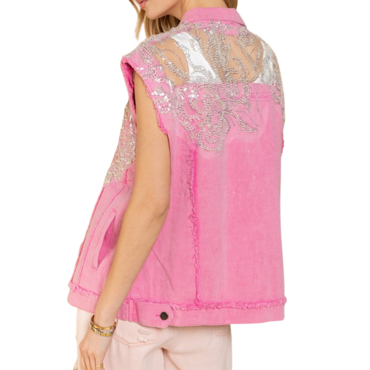 Distressed Light Denim Lace Embroidered Beaded Embellished Sleeveless Vest (Pink)