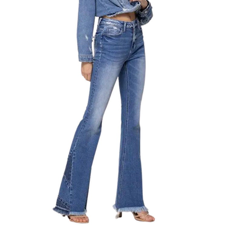 High Rise Denim Flare Bell Bottoms With Panel Hem Detail