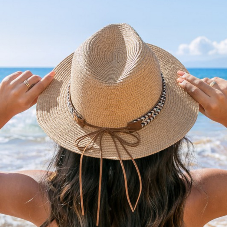 Straw Panama Boho Accent Fedora Hat (Khaki)