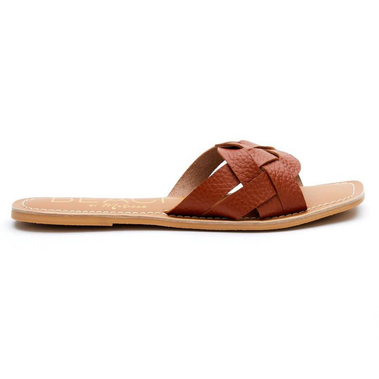 Cognac Brown Woven One-Band Style Tumbled Leather Sandal