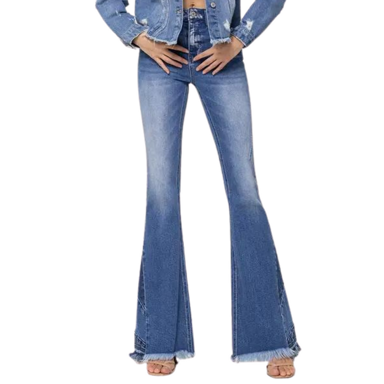 High Rise Denim Flare Bell Bottoms With Panel Hem Detail