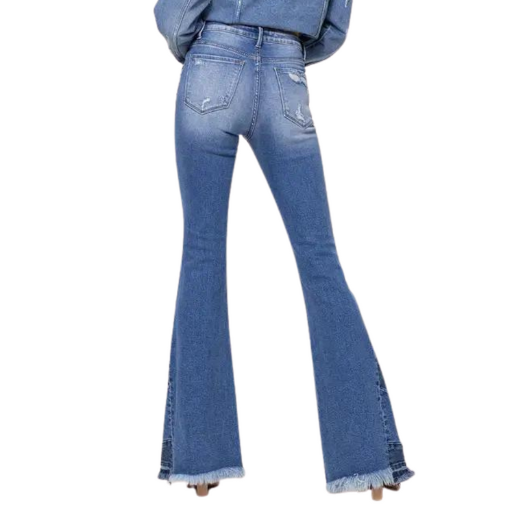 High Rise Denim Flare Bell Bottoms With Panel Hem Detail