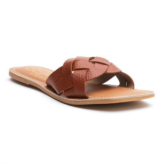 Cognac Brown Woven One-Band Style Tumbled Leather Sandal