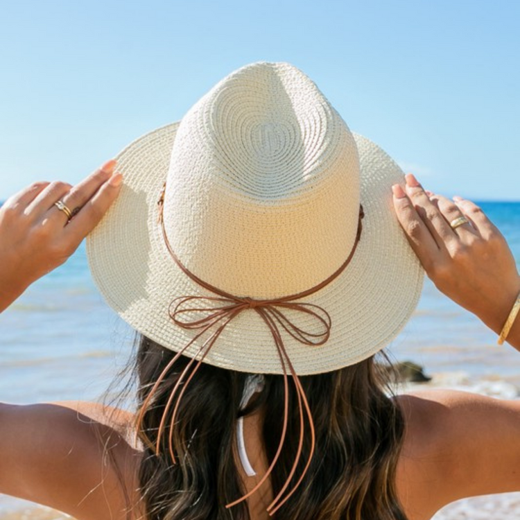 Straw Panama Fedora Hat With Beaded Belt Accent (Straw)