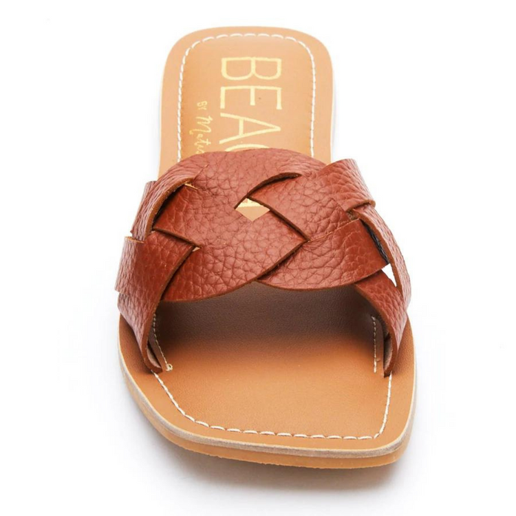 Cognac Brown Woven One-Band Style Tumbled Leather Sandal