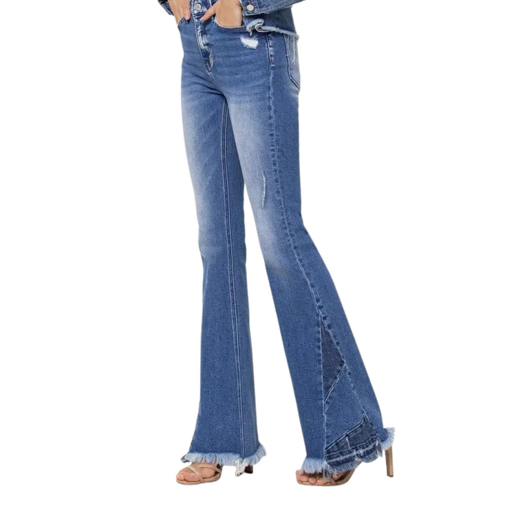 High Rise Denim Flare Bell Bottoms With Panel Hem Detail