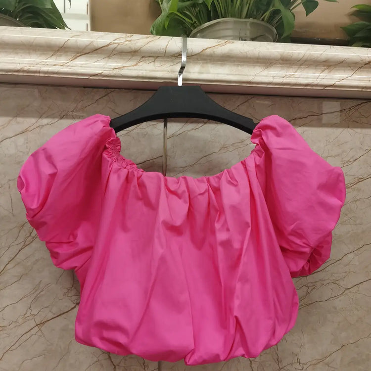 Hot Pink Bubble Sleeve Crop Top