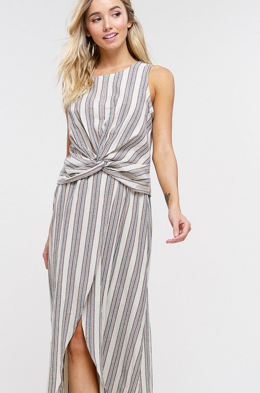 Stripe Knot Sleeveless Top and Slit Skirt Set