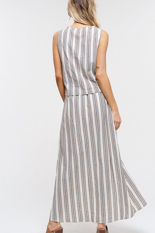 Stripe Knot Sleeveless Top and Slit Skirt Set