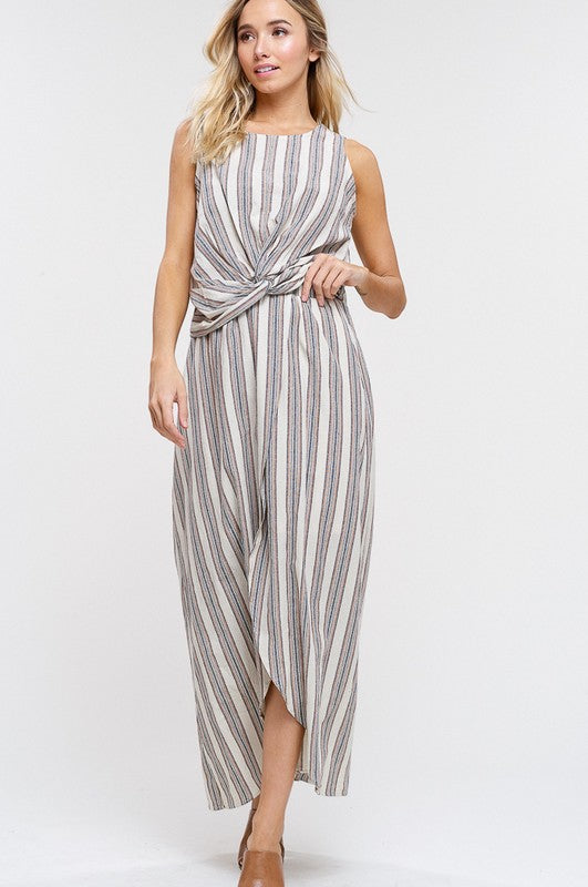 Stripe Knot Sleeveless Top and Slit Skirt Set