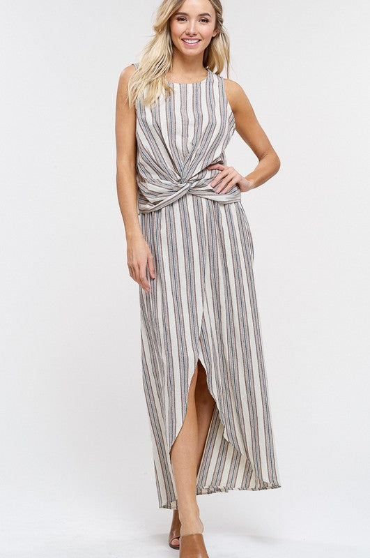 Stripe Knot Sleeveless Top and Slit Skirt Set