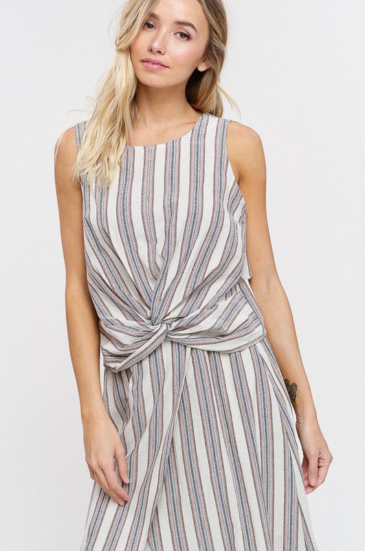 Stripe Knot Sleeveless Top and Slit Skirt Set