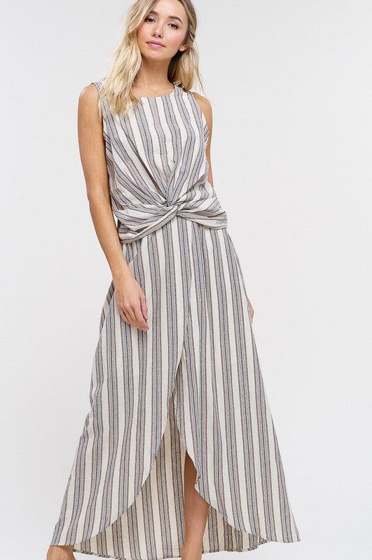 Stripe Knot Sleeveless Top and Slit Skirt Set