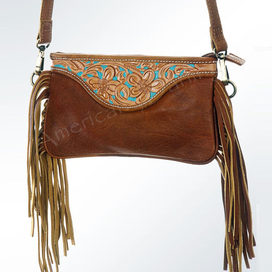 Hand Tooled Turquoise Dyed Light Leather Crossbody