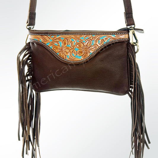 Hand Tooled Turquoise Dyed Dark Leather Crossbody