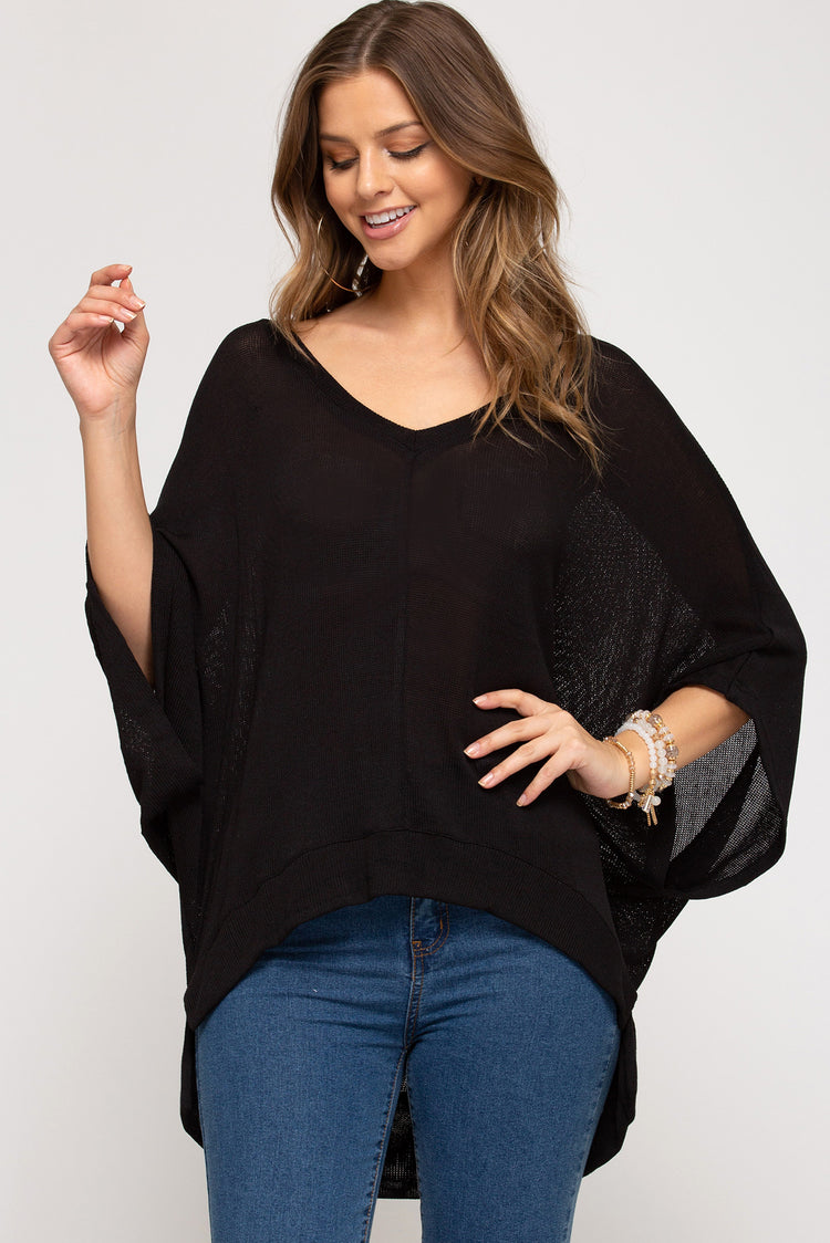 Drop Shoulder Low Gage V Neck Knit Top