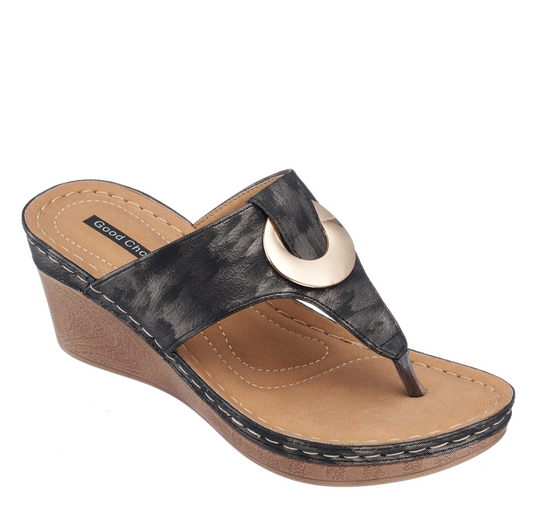 Pewter Black Blend Genelle Wedge Sandal with Gold Circle Detail