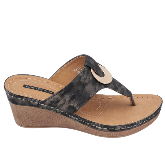 Pewter Black Blend Genelle Wedge Sandal with Gold Circle Detail