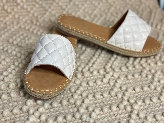 White Puffy Quilted Espadrille Flat Slide