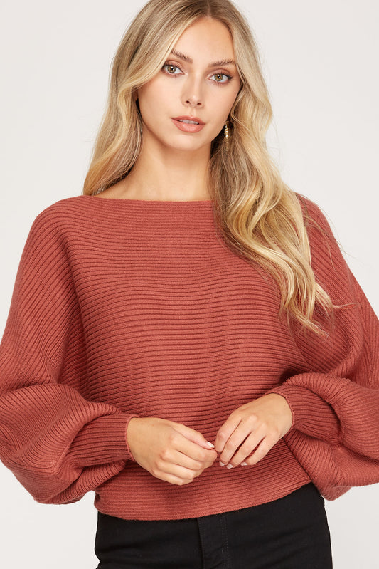 Long Dolman Sleeve Boat Neck Rib Knit Sweater Top