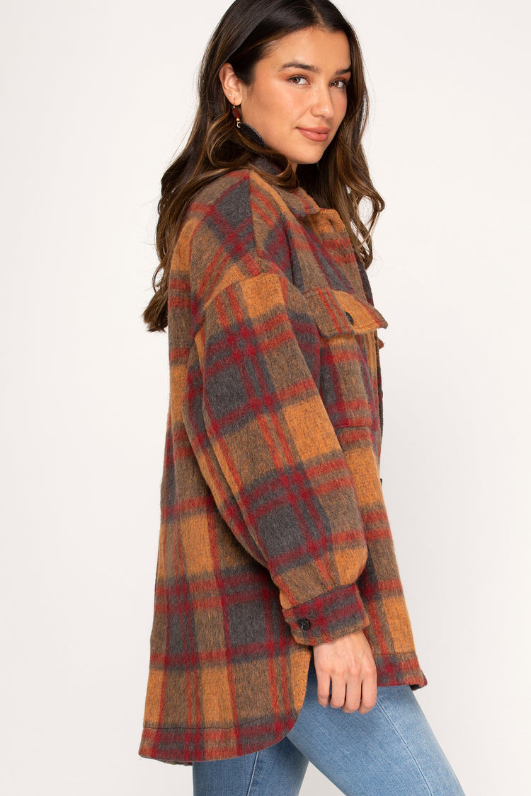 Shacket Long Sleeve Woven Flannel Plaid Shirt Jacket With Pockets